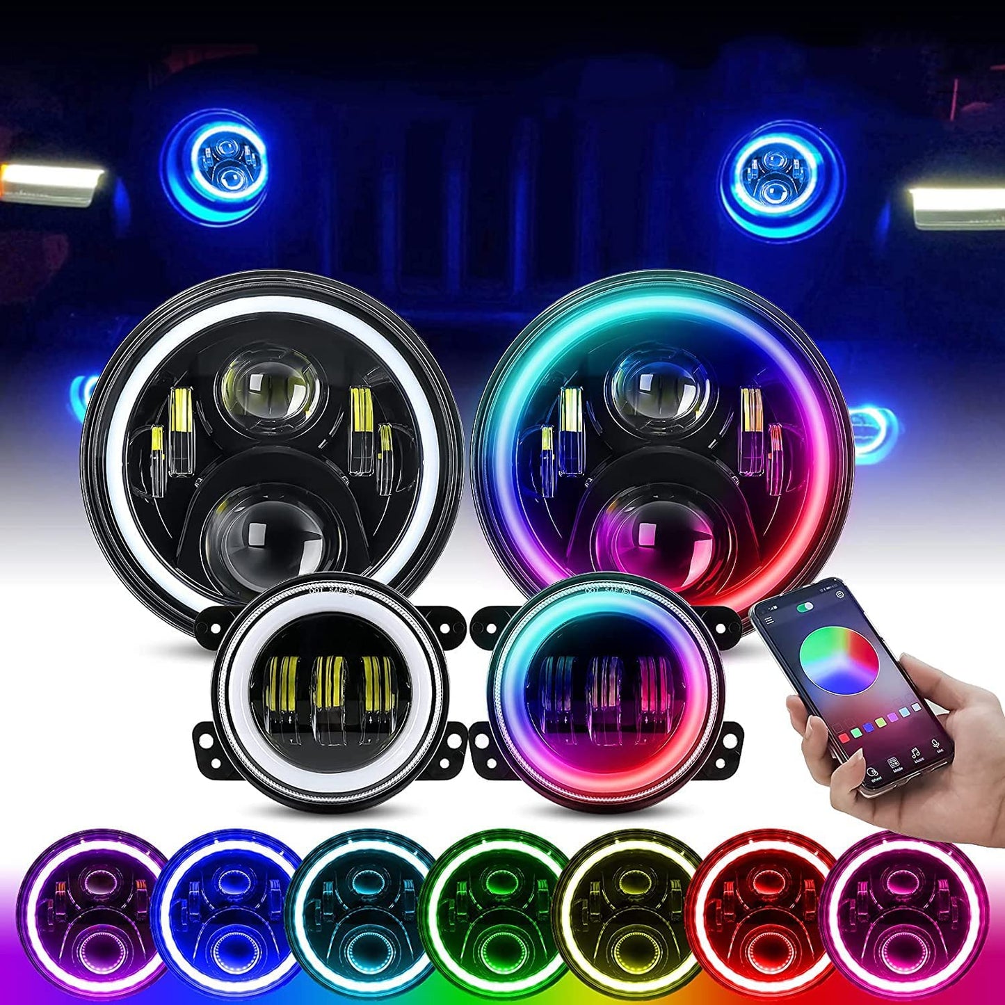 1997-2018 Jeep Wrangler 7 Inch RGB Halo Headlights And Fog Lights Bluetooth Color Control Dot Kits For 19972018 Jk Jku Tj Ljw Ring Drl Amber Turn Signalhilo Beam Multicolor