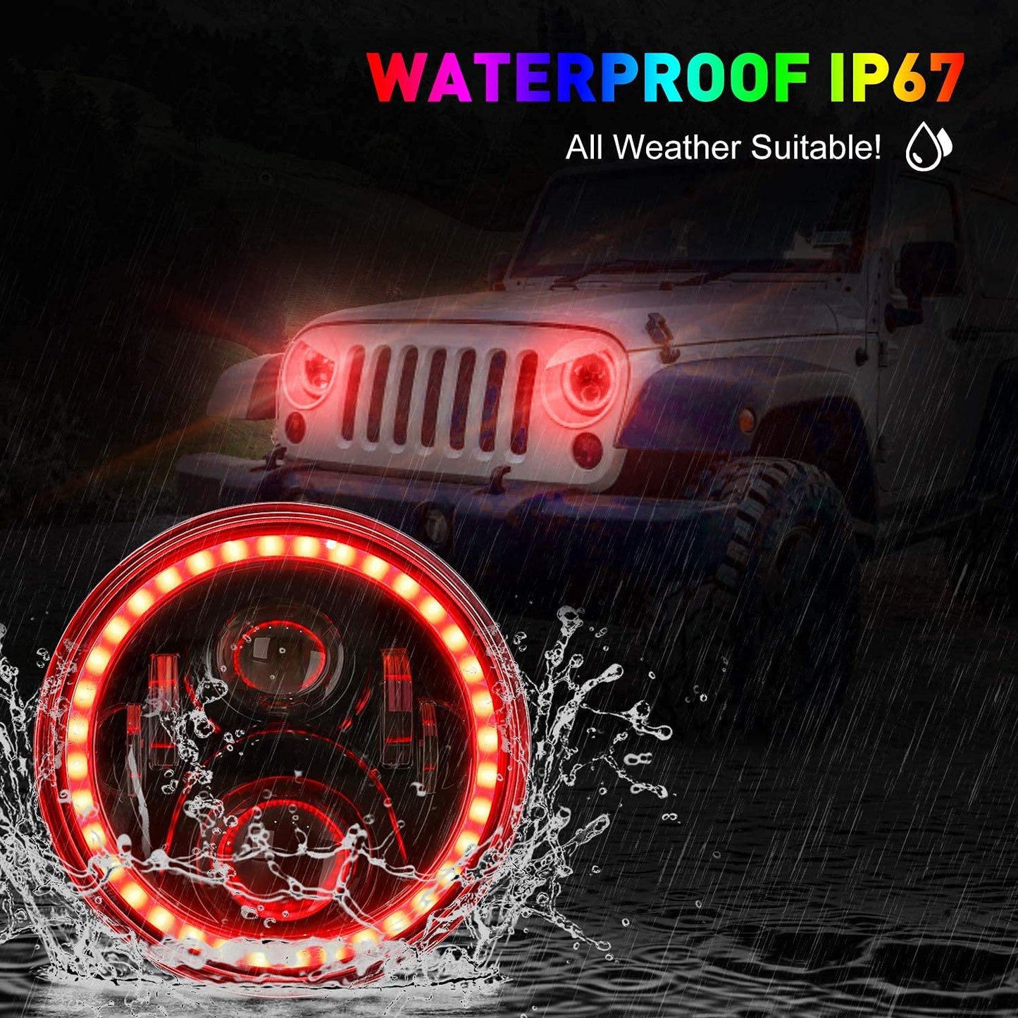 1997-2018 Jeep Wrangler 7 Inch RGB Halo Headlights And Fog Lights Bluetooth Color Control Dot Kits For 19972018 Jk Jku Tj Ljw Ring Drl Amber Turn Signalhilo Beam Multicolor