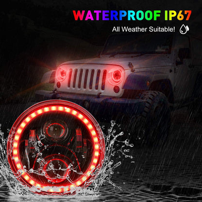 1997-2018 Jeep Wrangler 7 Inch RGB Halo Headlights And Fog Lights Bluetooth Color Control Dot Kits For 19972018 Jk Jku Tj Ljw Ring Drl Amber Turn Signalhilo Beam Multicolor